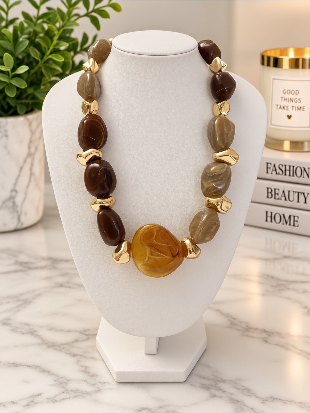 Statement Brown and Amber Resin Bead Necklace - Women Jewelry